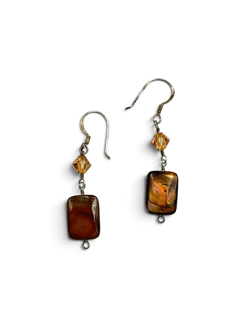 Vintage Sterling Silver Abalone Shell Crystal Dangle Earrings 2”
